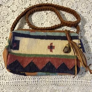 Vtg Marco Avane Aztec Tapestry Crossbody Bag Purse Leather Tassel Southwestern